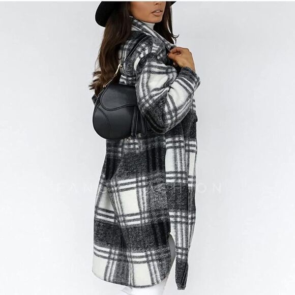 Plaid Shirts Women Brushed Flannel Shacket Jacket Button Down Wool Blend Coat - Picture 4 of 4